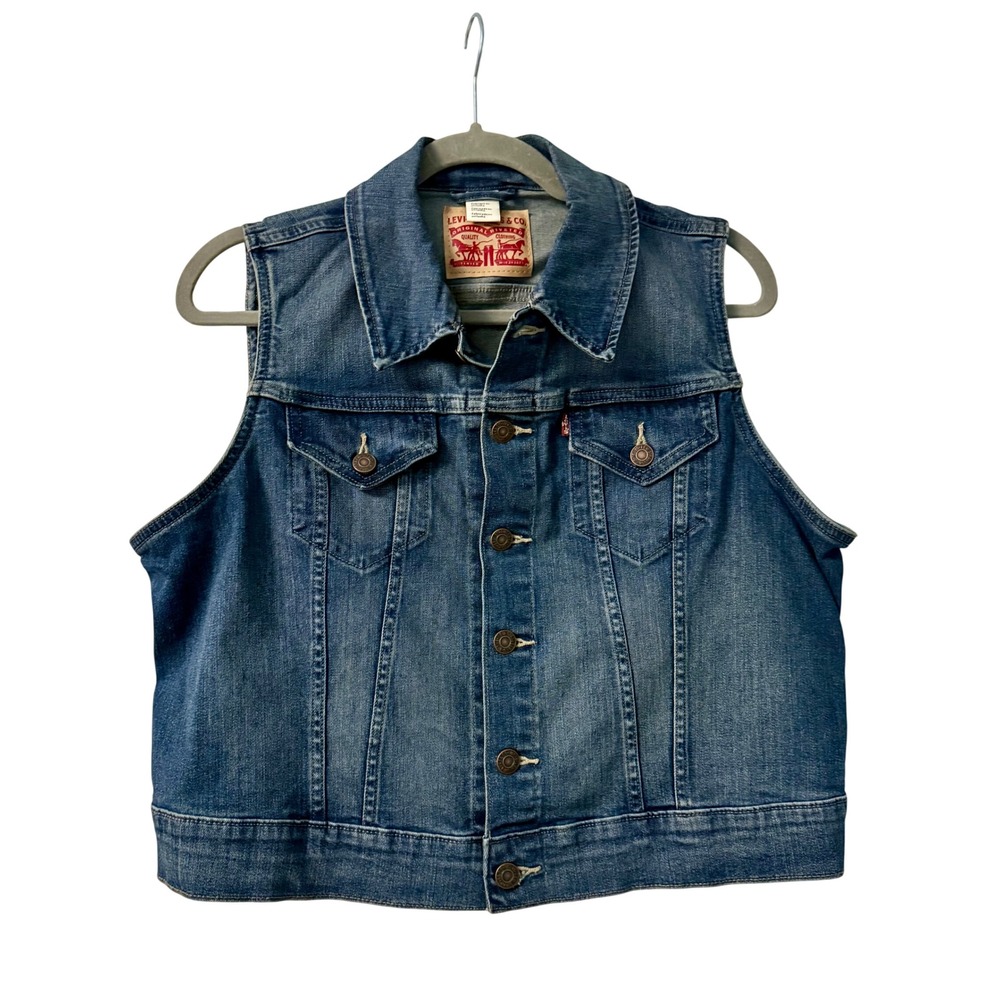 Levis Womens Medium Wash Denim Trucker Vest Sleeveless Jacket Size L